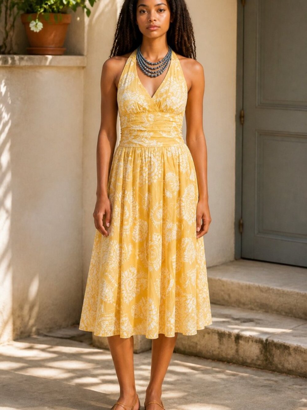 Bisou Bisou Yellow Floral Halter Dress by Michelle Bohbot Size 4 Designer Fem
